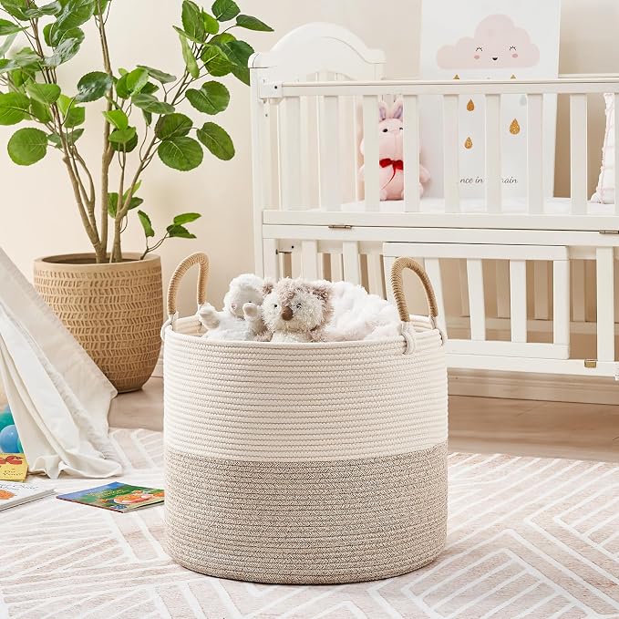 KAKAMAY Large Blanket Basket (18"x18"x16"), Woven Baby Laundry Hamper for Storage, Cotton Rope Basket for Nursery, Laundry, Living Room, Pillows, Baby Toy Chest with Handles (Black Stripes) - Image 3
