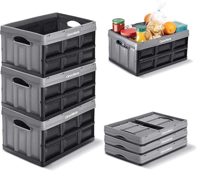 CleverMade Collapsible Storage Bins, 32L, 3 Pack Foldable Storage, Stone | Turn Trunk and Garage Clutter into Stackable Order | Reinforced Plastic Handles Up to 66 lb, Then Nests Compactly When Folded by CleverMade