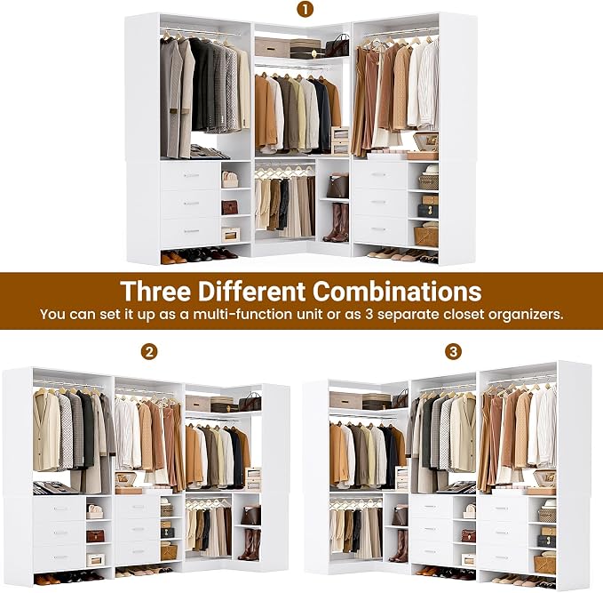 Aheaplus Closet System with 6 Drawers, 4 Hanging Rods & Corner Tower, Corner Closet System with Hanging, 92.6" L-Shaped Walk-In Wardrobe Organizer, 2000+ lbs Capacity, Set of 3, White - Image 3