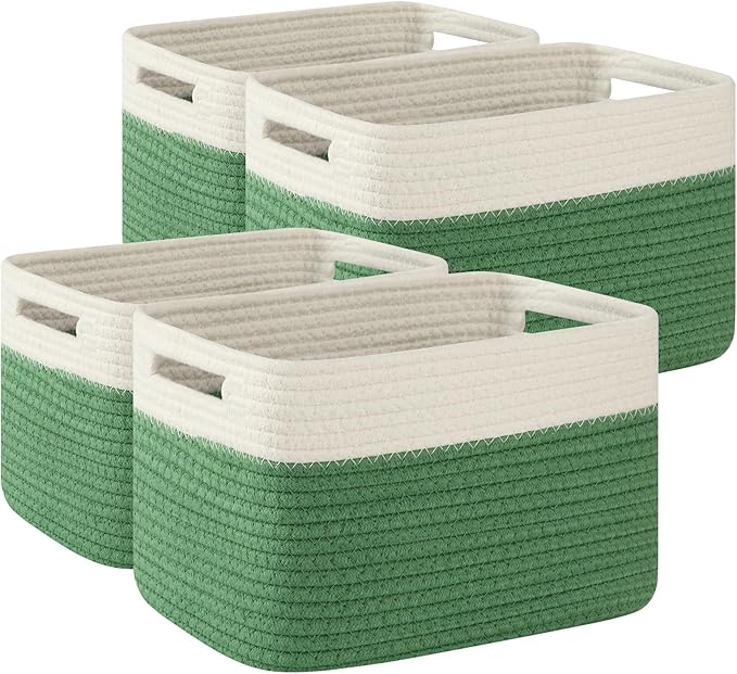 OIAHOMY 4 Pack Storage Basket, 13"x9"x7.8" Cotton Rope Baskets for Shelves, Closet Organizer for Bedroom & Living Room, Soft Decorative Bins for Organizing Towels, Books & Toys, Olive Green & White by MasterofSpaceOptimization