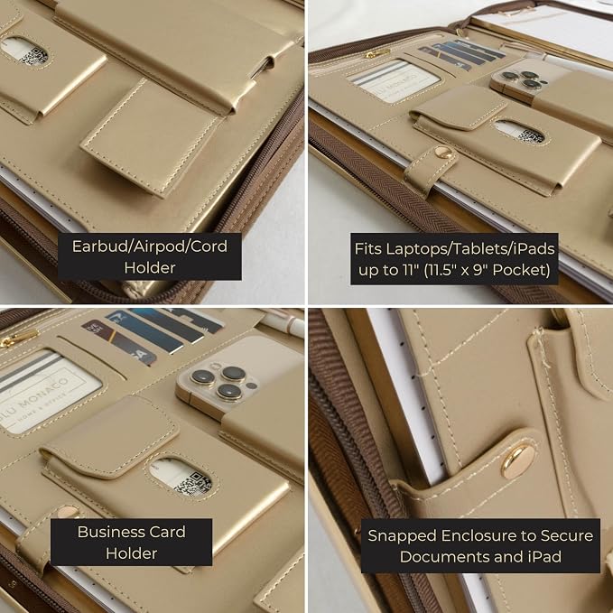 BLU MONACO | Brown Vegan Leather Padfolio | Zippered Work Organizer Binder with Gold Trim | Professional Document Case 8.5 x 11 for Women - Image 3