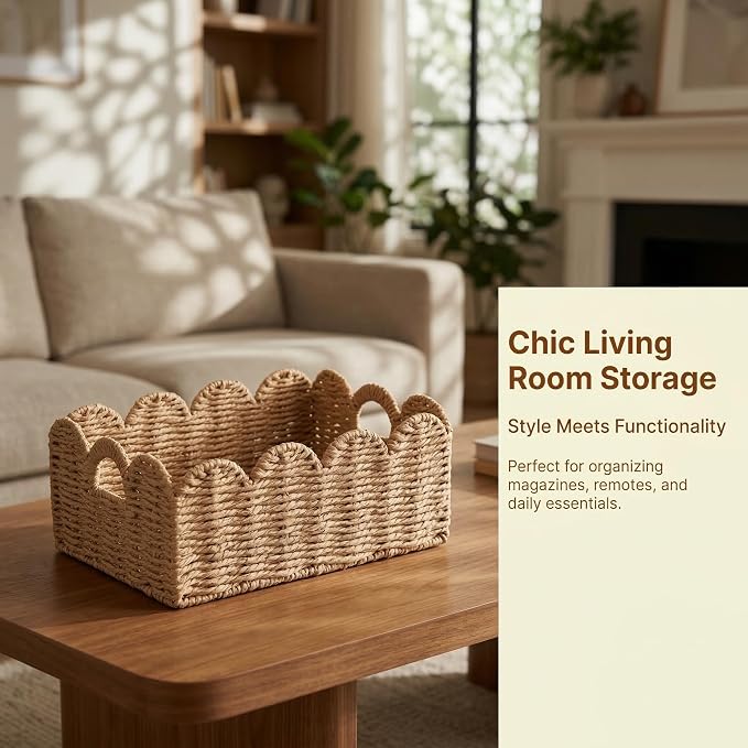 Scalloped Wicker Baskets Set of 3, Hand-Woven Storage with Handles | set of 3 tan scalloped baskets with handles. Hand-woven paper rope for shelves, bathroom or closet. Stackable, sturdy. - Image 8