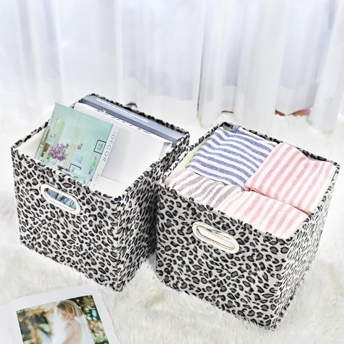 ANMINY Leopard Cheetah Print Storage Cubes Bins, Velvet, Gray, 13Inch 6PCS | Collapsible & Washable, PP Board Frame, Built-in Metal Handles, Animal Themed Fabric Cubes Baskets for Closet Shelves Decor - Image 5