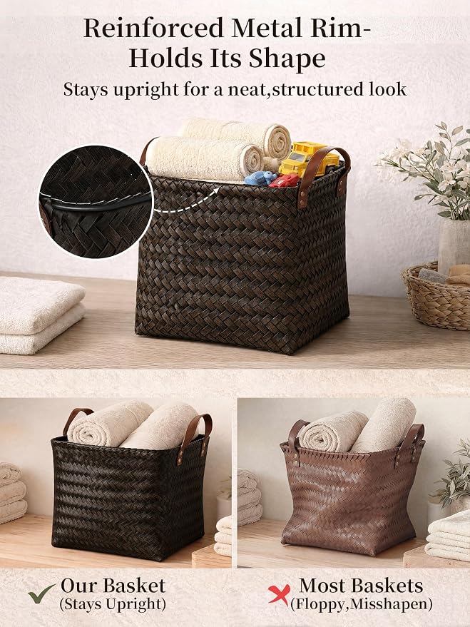 Wicker Storage Baskets, 4 Pack Woven Baskets for Shelves, Dark Gold | PP Rattan, Water-resistant Wicker Basket, Large Baskets with Faux Leather Handles for Blanket, Laundry Organizer, Room Decor - Image 5
