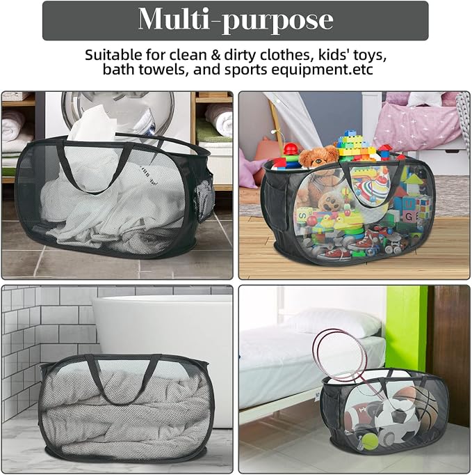 4 Pack Collapsible Laundry Baskets, Foldable Laundry Basket with Pocket, Durable Pop Up Hampers, Reinforced Handles Dirty Clothes Hamper for Laundry, Bedroom, Bathroom, Dorm, Travel or Camping Black - Image 7