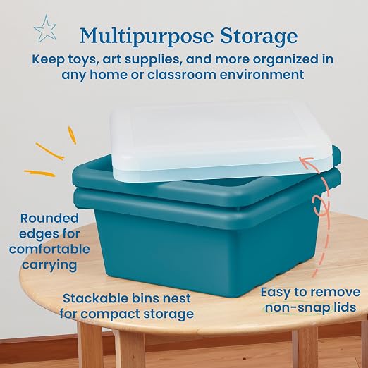 ECR4Kids Stackable Square Bins with Non-Snap Lids, Multipurpose Organization, Turquoise, 2-Pack - Image 4