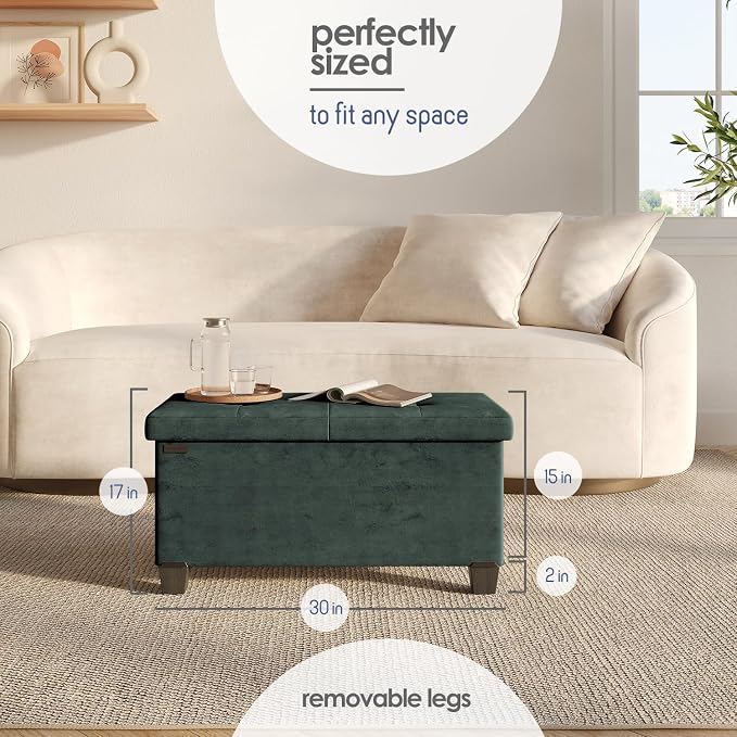 Storage Ottoman Bench with Bins, 30-in Storage Bench for Bedroom End of Bed, Folding Foot Rest Ottoman for Living Room Max 660lbs, Velvet Ottomans, Green - Image 3