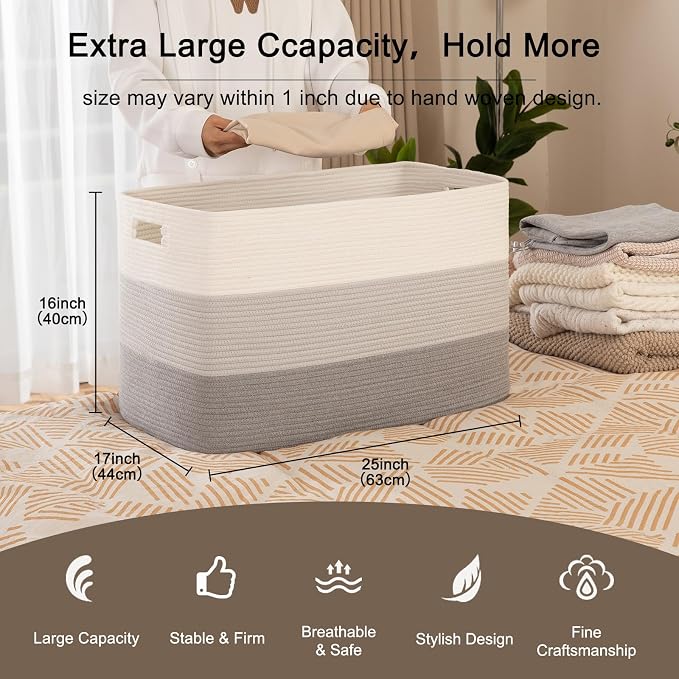 OIAHOMY 118L Extra Large Blanket Basket, Rectangle Woven Cotton Rope Storage Basket, Used for storing Dirty Clothes, Stuffed Animal Toy Storage for Living Room,Kids Room,25" x 17" x 16", Gradient Grey - Image 2