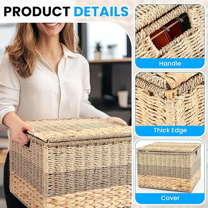 Cinnvoice Extra Large Decorative File Box 18 x 16 x 13 in Wicker Seagrass File Basket Organizer for Letter Legal Size Hand Woven Hanging Filing Cabinet with Lid for Office Water Hyacinth, Tricolor - Image 3