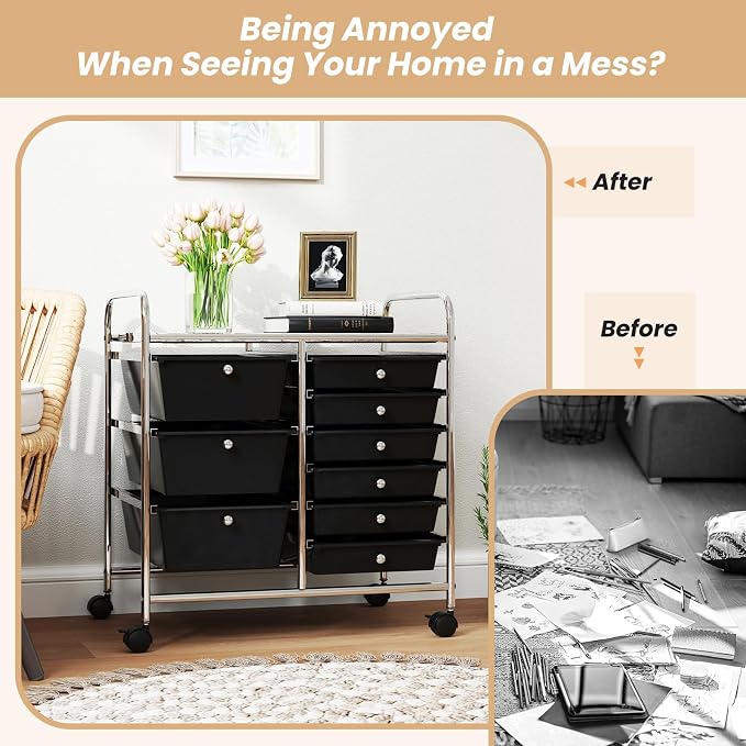 9 Drawer Rolling Storage Cart, Rolling Cart with Drawers for Classroom, Art Supply Craft Organizer on Wheel with Metal Frame & Handles for Home Office School - Image 8