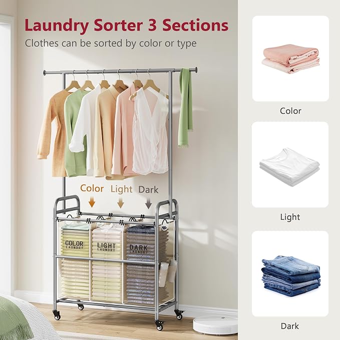 Laundry Hamper with Hanging Rack, Laundry Sorter 3 Section, Beige | 39 Gal Rolling Laundry Cart with Heavy Duty Lockable Wheels and Removable Bags for Laundry Room, Bedroom & Family - Image 4