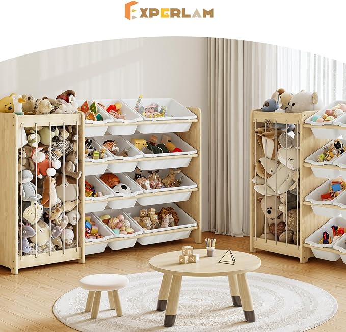 EXPERLAM Kids Toy Storage Organizer, 2-in-1 Stuffed Animal Storage & Toy Organizer w/12 Bins, Solid Wood Toy Rack Featuring Thicker Elastic Ropes to Hold Toys, Playroom Nursery Bedroom Storage, White - Image 7