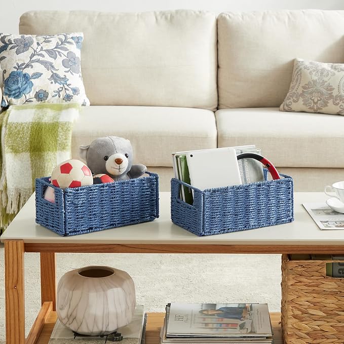 Wicker Storage Basket, Set of 2 Hand-Woven Paper Rope Wicker Basket, Small Storage Baskets for Organizing Toilet Paper, Foldable Large Cube Storage Organizer Bins for Shelves (Blue) - Image 3