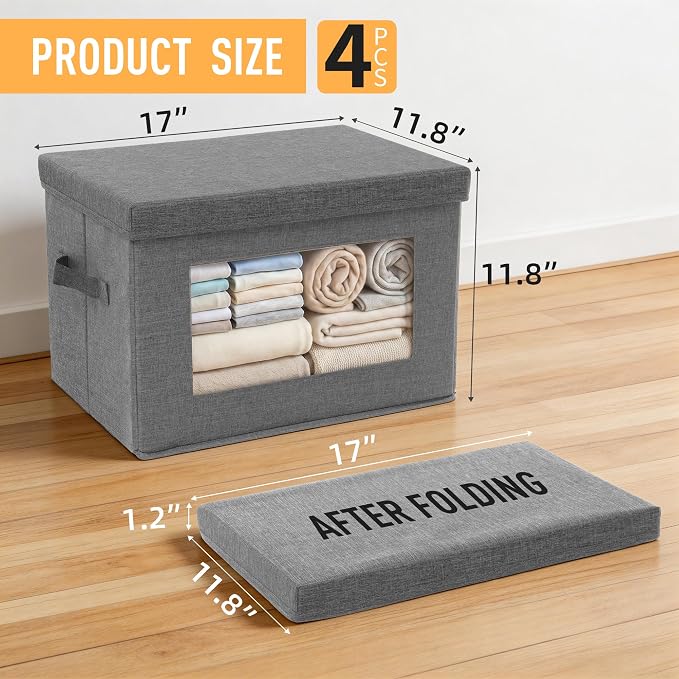4-Pack Large Storage Bins with Lids & Clear Window, Foldable Fabric Closet Organizer Boxes, Stackable Cube Baskets with Soft Handles for Clothes & Blankets, 17”, Grey - Image 3