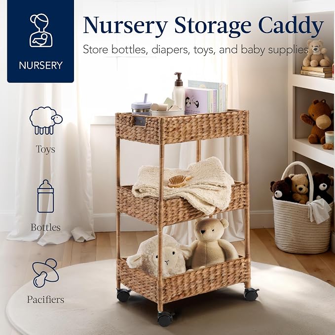 Best Choice Products 3-Tier Water Hyacinth Rolling Nursery Caddy w/Wheels, Utility Cart, Storage Organization for Bathroom, Craft Room, Laundry Room - Chestnut - Image 4
