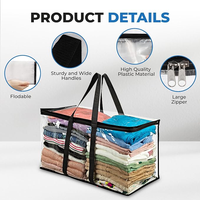 Clear Moving Bag (4-Pack) 25x14x12 - Zipper, Blankets, Breathable | Breathable Non-Woven Sides, Foldable, Comforters, Bedding, Clothes, Sweaters, College, Dorm, Packing - Image 5