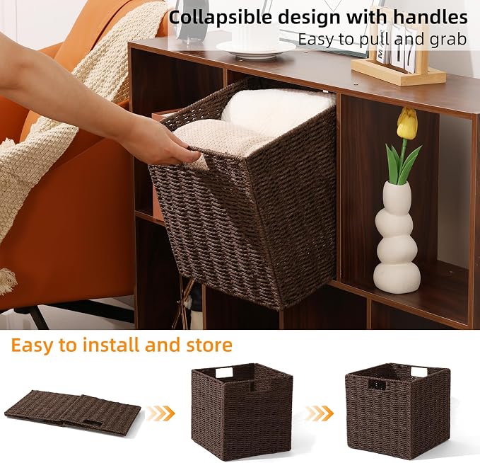 Set of 2 Hand-Woven Paper Rope Wicker Baskets,12x12x12in Storage Basket, Foldable Cube Storage Bins, Brown Storage Cubes, Square Baskets for Organizing Shelves Decor - Image 4