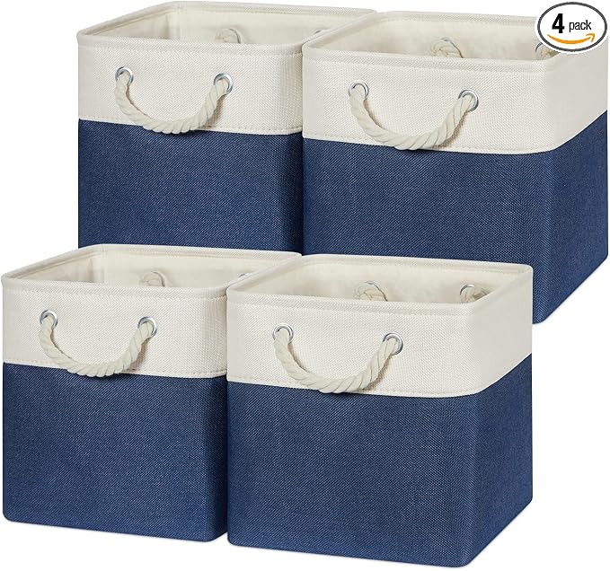 Temary Fabric Storage Cubes 11x11 Cube Storage Bins 4Pack Blue Basket for Organizing Home, Closet, Empty Gift Baskets with Handles (White&Blue) by TEMARY