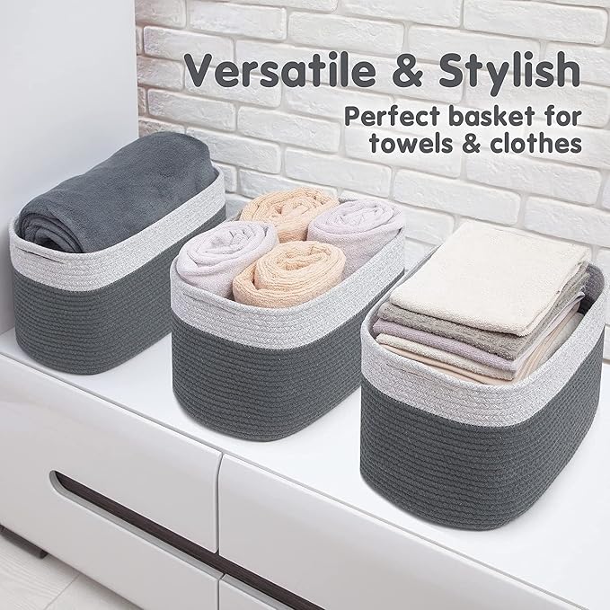 CHAT BLANC Cotton Rope Baskets for Organizing I Storage Baskets for Shelves | Rope Basket for Storage, Small Laundry Baskets, Woven Baskets for Storage, Dog Toy Bin, Baby Basket, Gray & Graphite 3Pack - Image 6