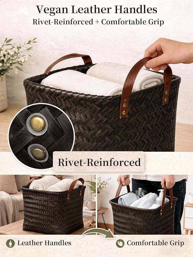 Wicker Storage Baskets, 4 Pack Woven Baskets for Shelves, Dark Gold | PP Rattan, Water-resistant Wicker Basket, Large Baskets with Faux Leather Handles for Blanket, Laundry Organizer, Room Decor - Image 6