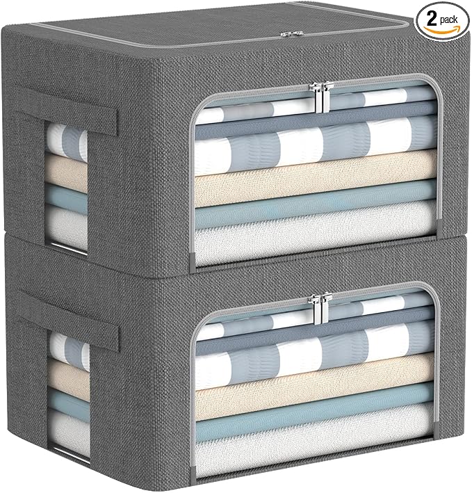 Clothes Storage Bins Box - Linen Fabric Foldable Stackable Container Organizer Set with Clear Window & Carry Handles & Metal Frame - 2Pack Large Capacity for Bedding, Blankets, Books by CYhom