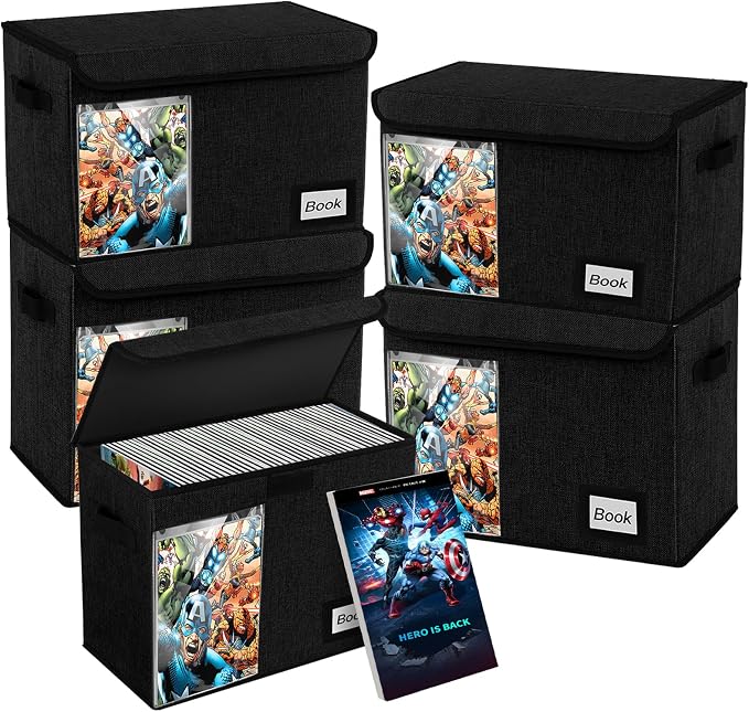 Display Collection Comic Book Storage Boxes, Protector Organizer 15.8" X 7.8" X 11.8" Collapsible Holds 160-180 Comic Book Heavy Duty Bin Container Holder Shelf, 5 PCS by YNSZAS