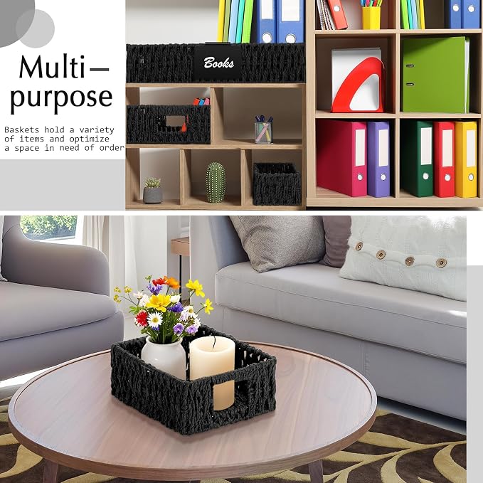 Marsui 9 Pcs Paper Rope Storage Baskets with Handle Labels Handwoven Multi-size Black Storage Bins for Organizing Small Baskets Container for Shelves Closet Pantry Toilet - Image 5