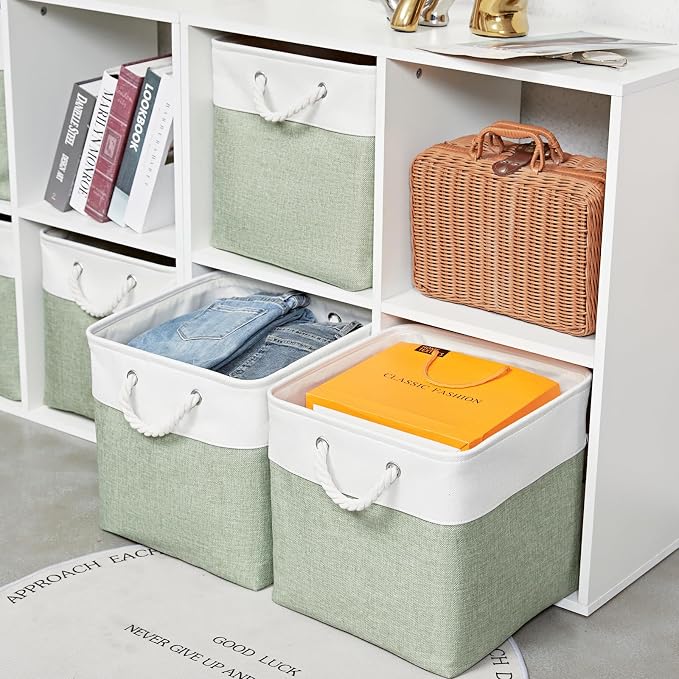 13 Inch 6 Pack Foldable Fabric Storage Cubes with Handles | Home Cube Storage Basket,Large Cube Storage Bins,Closet Storage, Home Organizer(White&Green) - Image 3