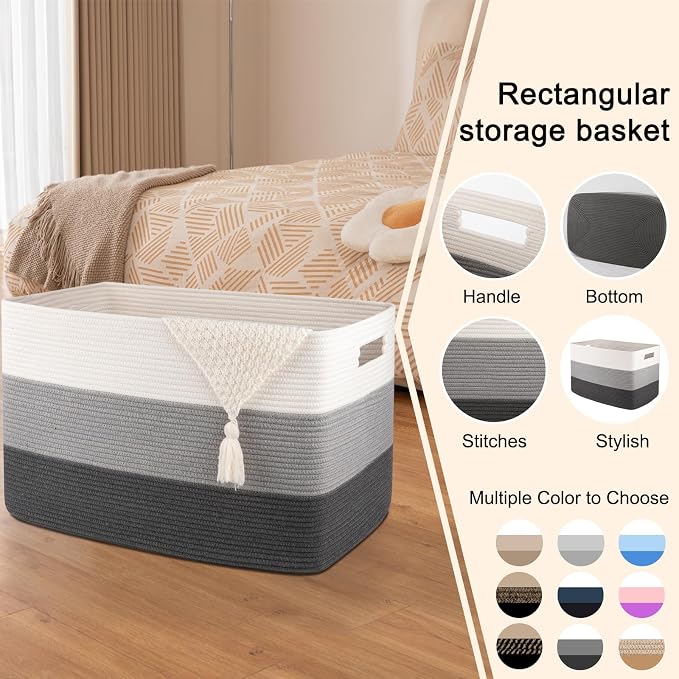 OIAHOMY 108L Extra Large Blanket Basket Dog Toy Basket radient Dark Grey | Rectangle Woven Baskets for Storage Cotton Rope Basket For Living Room Toy Storage Blanket Storage Laundry Basket - Image 4