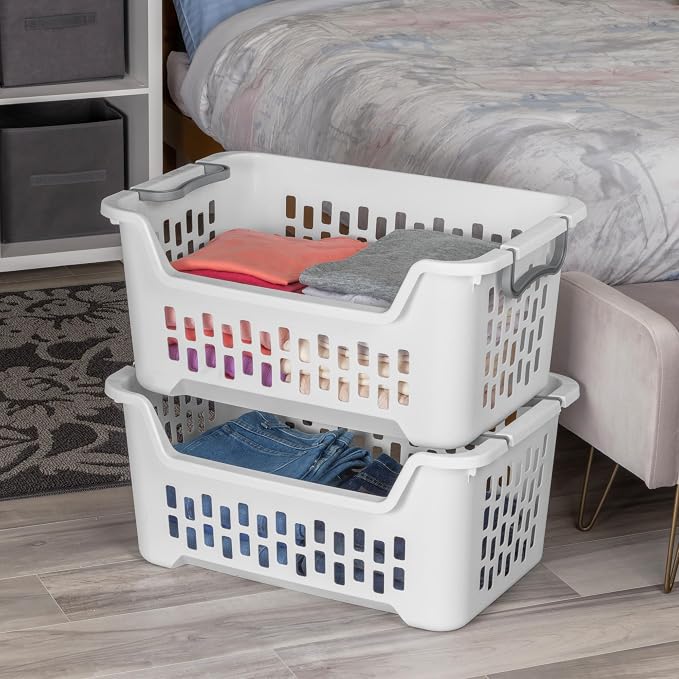 Sterilite 12 Pack Stacking Laundry Basket, 2 Bushel Clothes Hamper, White | Stackable Laundry Basket, Large Rectangular Storage Bin with Carrying Handles and Large 2 Bushel Capacity - Image 6