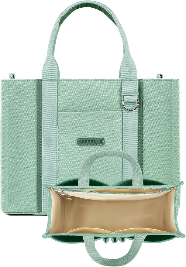 BESBESME Women’s Canvas Tote Bag with Zipper and Compartments – Multi-Pocket Laptop Work Crossbody Shoulder Tote Purse - Image 8