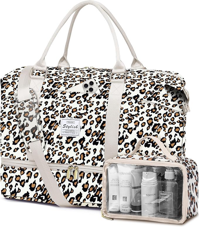 Travel Overnight Bag Weekender Bags: Large Duffle Bag Women with Shoe Compartment Carry on Overnight Bags with Toiletry Bag Gym Duffel Bag with Wet Pocket Hospital Bags for Labor and Delivery Leopard by FIUAIE