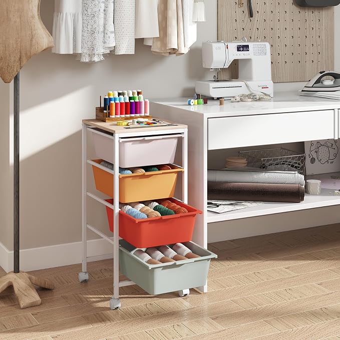 Giantex Rolling Storage Cart with 4 Drawers, Utility Cart w/Wooden Tabletop, Lockable Wheels, Multipurpose Organizer for Art Craft Scrapbook Paper, Drawer Carts for Dorm Classroom Office, Macaron - Image 7