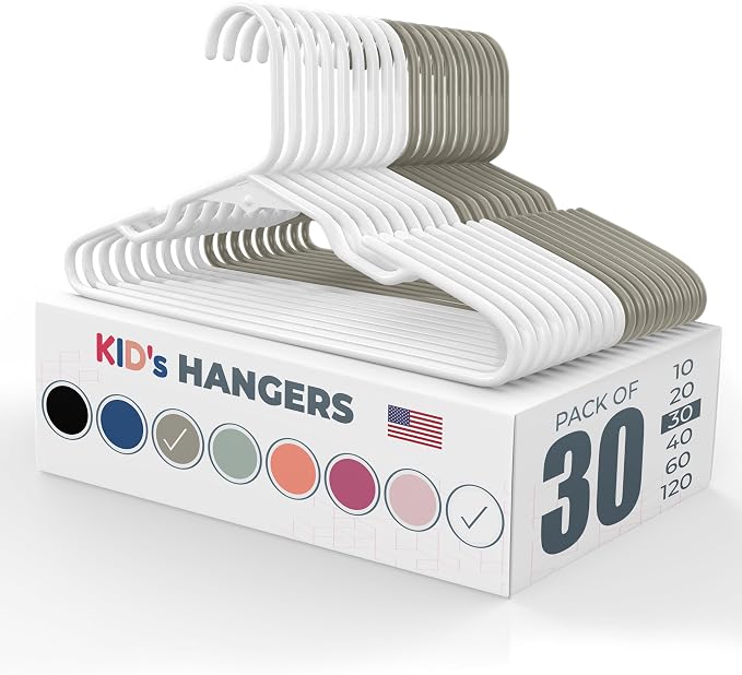 Plastic 12” Kids Hangers 30 Pack – Made in the USA – 5lb Capacity Baby & Toddler Clothes Hangers with Notches & Reinforced Edges – Fits Children’s Sizes Up to 8 – White & Gray by NeatiesHangers