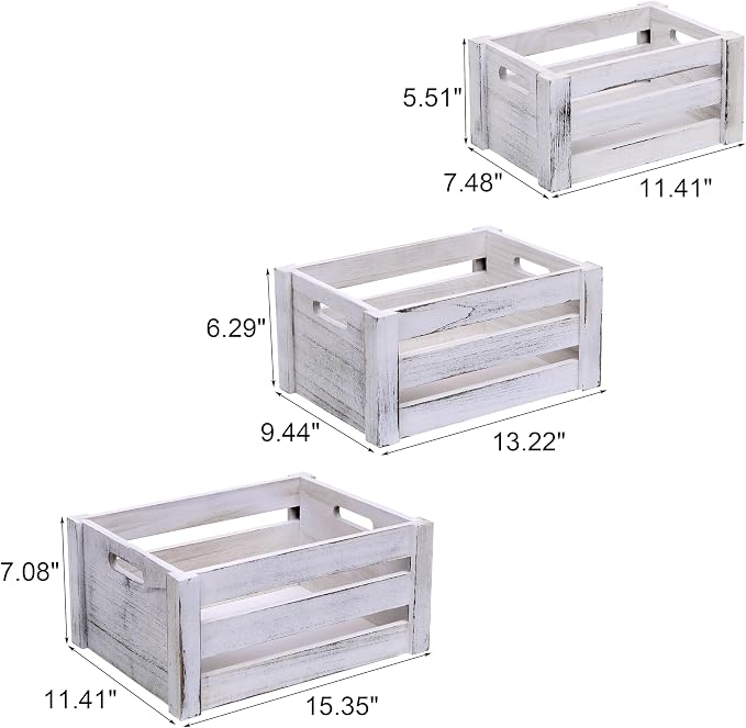 Set of 3 Nesting Wooden Crates, Small Rustic Farmhouse Wood Storage Boxes with Handles, Stackable Compact Organizer Bins for Kitchen Bathroom Bedroom Decor, 3 Sizes & 3 Colors (White, Brown, Black) - Image 3
