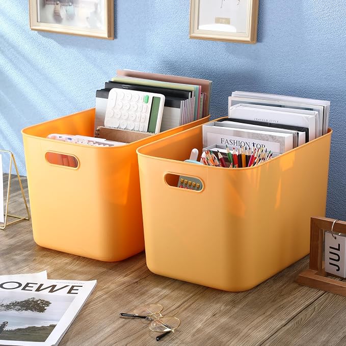 8 Pack Storage Bins, 14.2 X 10.2 X 9.5 Inch Yellow | Plastic Stackable Containers with Lid Handle, For Shelves Desktop Playroom Office, Organizing Toys Books Supplies Storage - Image 4
