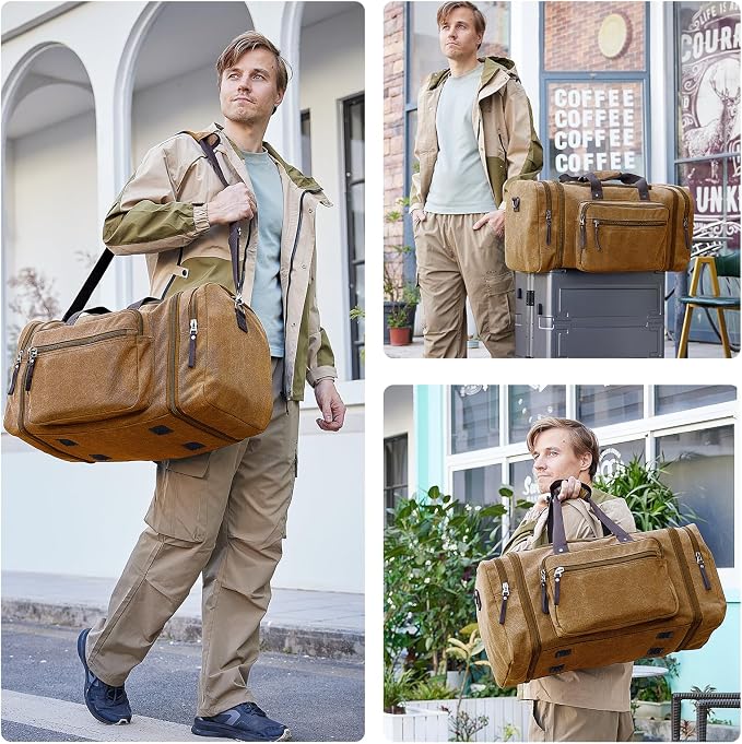 EKOROMIER Large Canvas Duffle Bag for Travel, Expandable 55L Weekender bags | Features Luggage Trolley Sleeve, Multi-Pockets for Traveling, Overnight Airplane Carry-On Bag for Men & Women - Camel Brown - Image 2