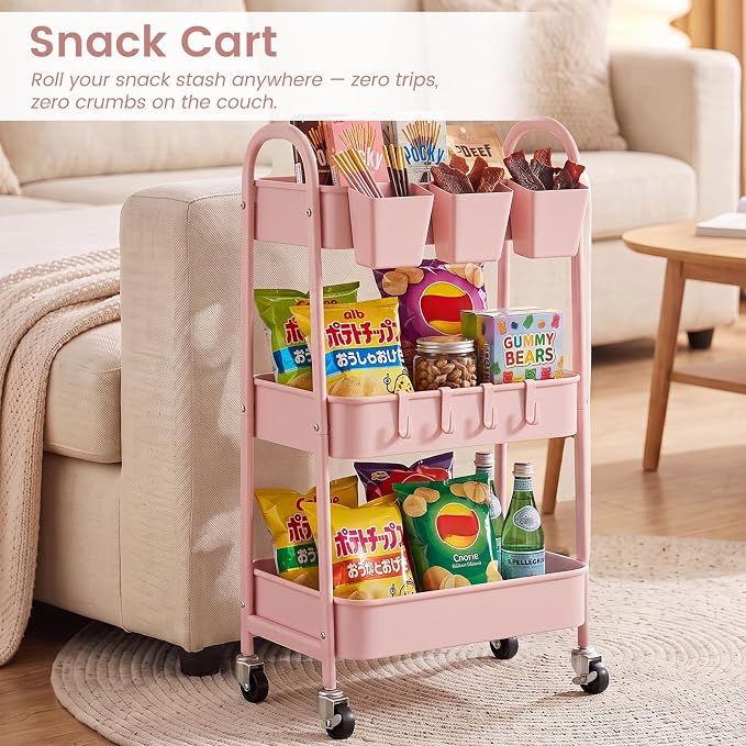 danpinera 3-Tier Rolling Cart, Utility Cart Mobile Metal Rolling Storage Cart with Lockable Wheels & Hanging Cups & Hooks for Kitchen, Bathroom, Office, Workshop, Pink - Image 6