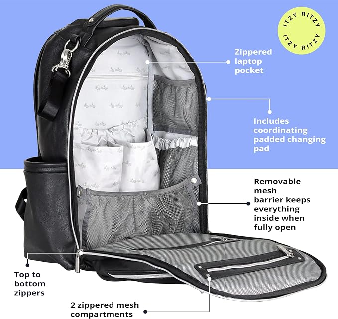 Itzy Ritzy Boss Plus Diaper Bag Backpack w/ 19 Pockets (Black with Silver) | Large Diaper Bag Backpack Includes 2 Insulated Bottle Pockets, Changing Pad, Stroller Clips, Padded Straps, Travel-Ready - Image 5