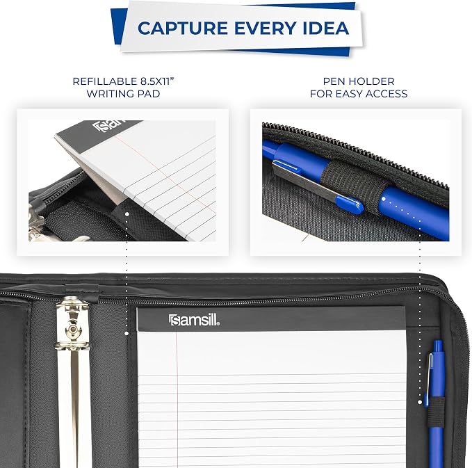 Samsill Professional 1-Inch Zipper Binder Padfolio with iPad Pocket, Interview Document Organizer, Includes Refillable 8.5 x 11 Inch Writing Pad and Pen Loop, Black - Image 6