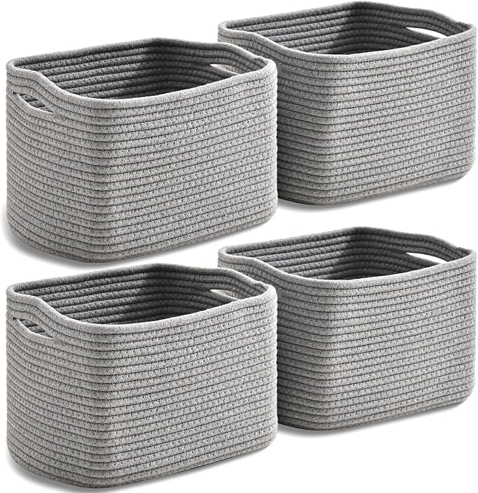 Small Storage Baskets for Organizing, Woven Storage Baskets for Shelves, Cotton Rope Basket for Storage, Cute Rectangular Book Toy Grey Basket, 12.7"×9.1"×7.9", 4 Packs, Grey by Unknown