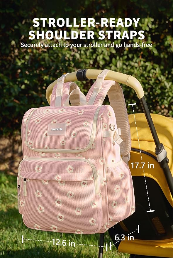 Large Corduroy Diaper Bag Backpack for Mom, 25L Baby Travel Bag with Insulated Bottle Pockets, 40oz Side Strap & Stroller-Ready Straps - Image 6