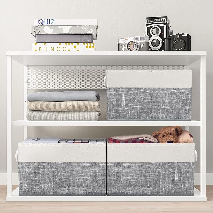 Storage Bins Foldable Storage Baskets with Rope Handles | 3-Pack Storage Bins for Organizing Toys, Books, Shelves, Closet, Large Storage Box Sturdy Organizer Bins, White & Grey - Image 6