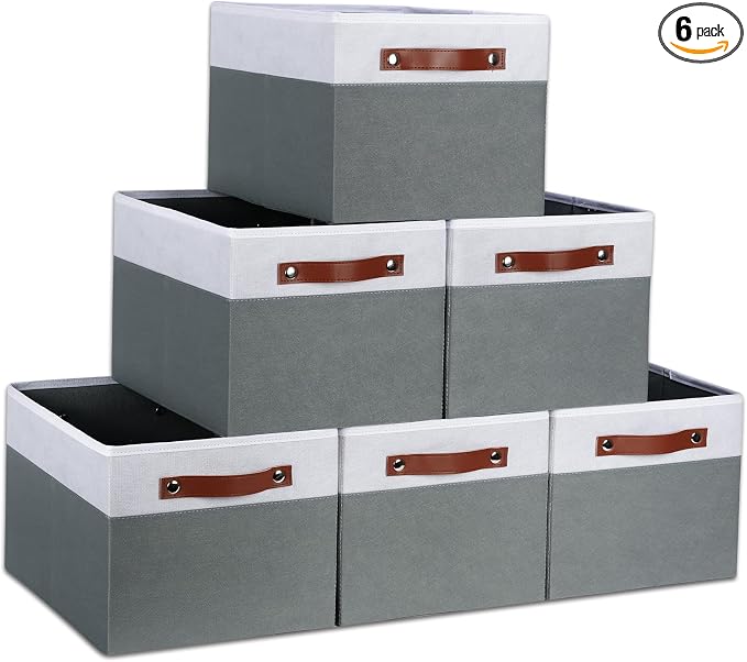 [6-Pack] Fabric Storage Bins (15x11x9.5 ) Reinforced 2.5mm Cardboard Shelf Bins with PU Leather Handles Durable Storage Baskets for Closet Organization, Toy Organizer, & Home Office White&Grey by TEMARY