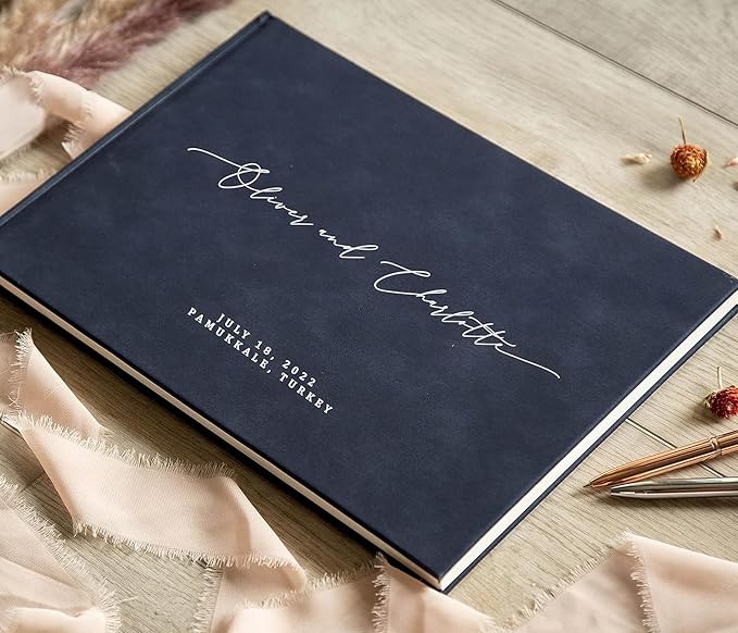 Personalized Guestbook in Navy - Premium Custom Modern Guest Book for Wedding Reception, Birthday Party or Events w/Bookmark Blank Pages for Signing 11.5 x 8.5 inches - Image 7