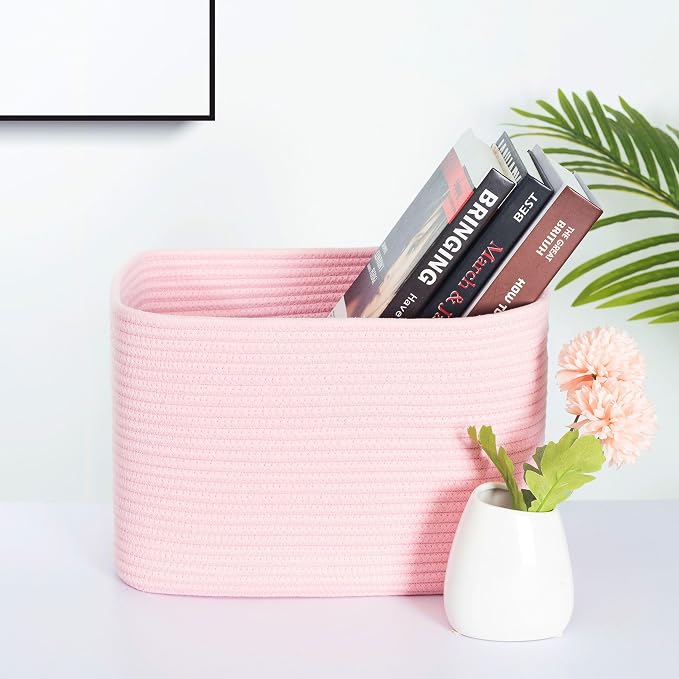 3-Pack Decorative Woven Storage Baskets for Shelves, Cube Bin Box for Organizing Books, Shoes, Dog Toys, Pantry Closet and Living Room Organizer, Soft Pink - Image 2