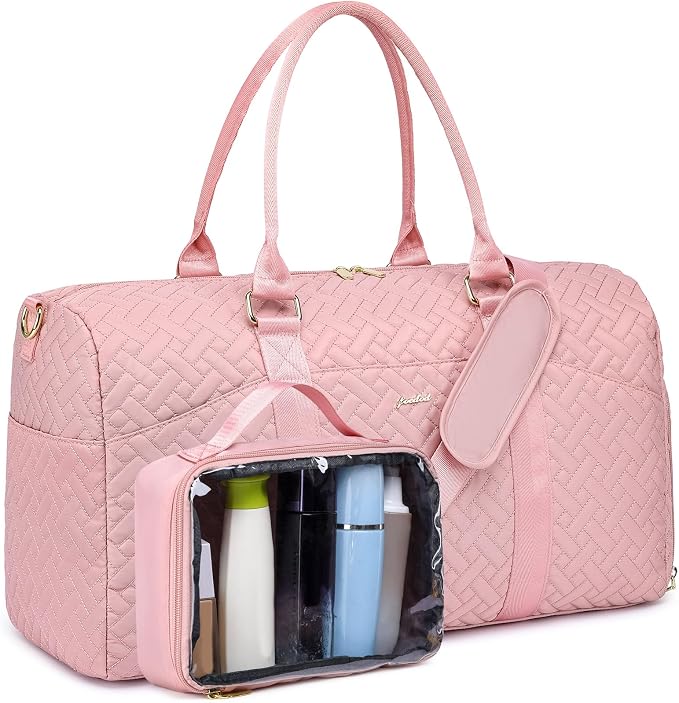 Women Weekender Travel Duffle Bag: Travel Duffel Overnight Bags with Shoe Compartment Large Carry on Tote with Toiletry Bag Weekend Traveling Yoga Gym Hospital Bag for Women with Wet Pocket Pink by FOCDOD