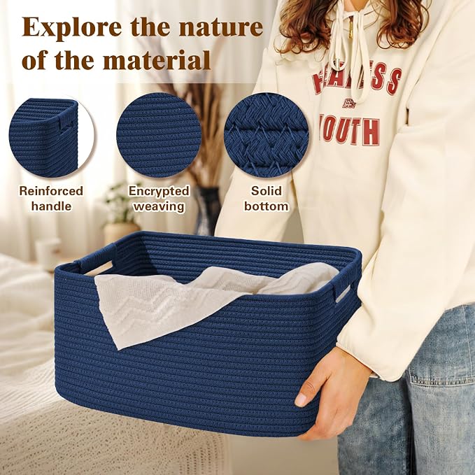 3 Pack Large Storage Basket for Organizing, 17.5"x13"x7" Woven Basket for Shelves, Closet Cube Storage Bins with Wrapped Handle, Cotton Rope Baskets for Kitchen, Clothes, Toys(Navy Blue) - Image 4
