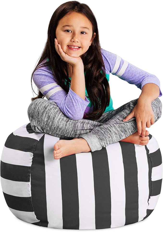 Posh Stuffable Kids Stuffed Animal Storage Bean Bag Chair Cover - Childrens Toy Organizer, Medium 27" - Canvas Stripes Gray and White by PoshCreations