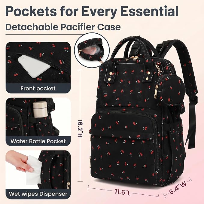Baby Diaper Bag Backpacks for Mom Dad, Corduroy Large Capacity Multifunction Nappy Bag with Pacifier Case, Baby Travel Essentials Diaper Backpack for Boys Girls - Cherry Black - Image 4
